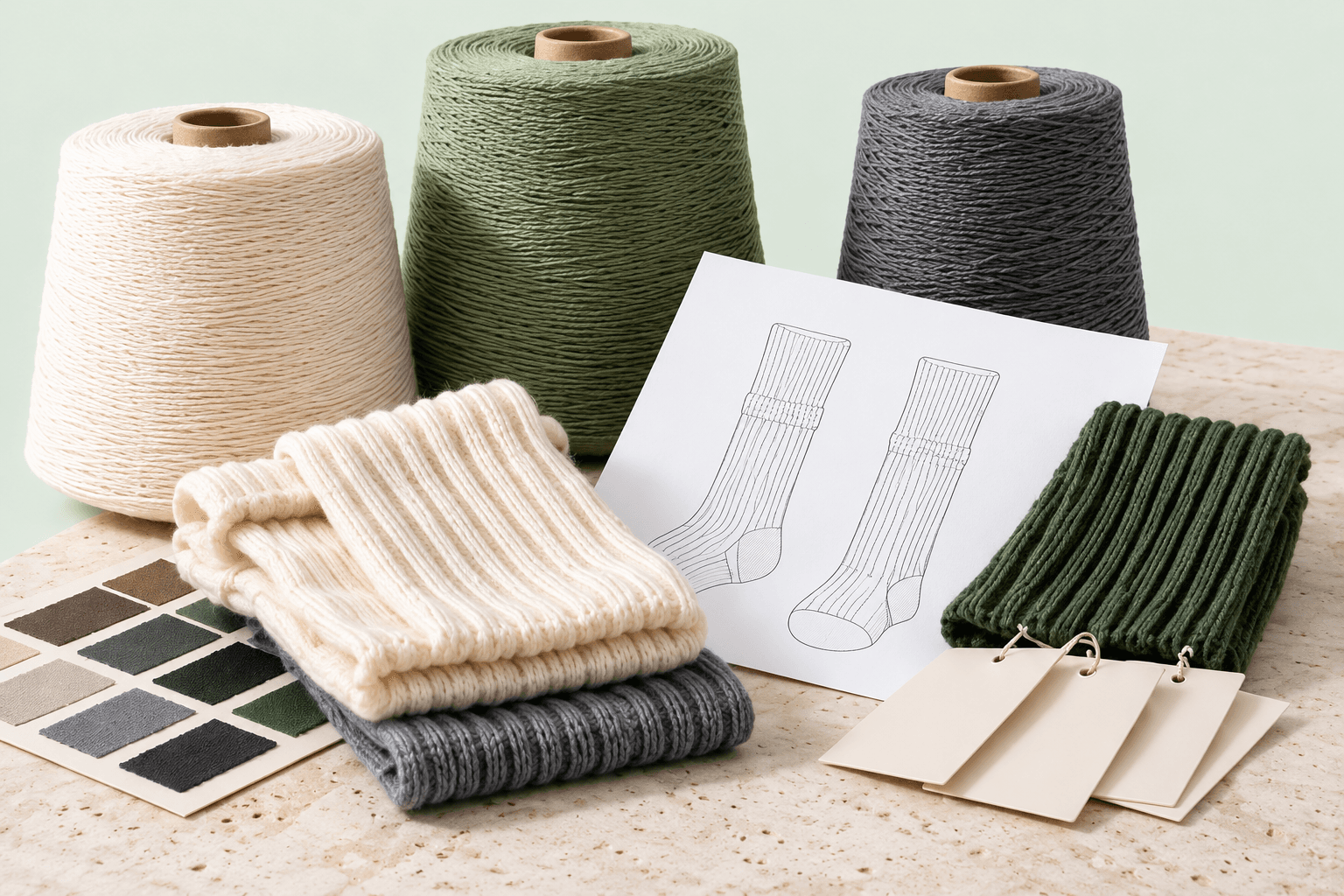 Illustrative development still life with yarns, knit samples, swatches and technical sketches