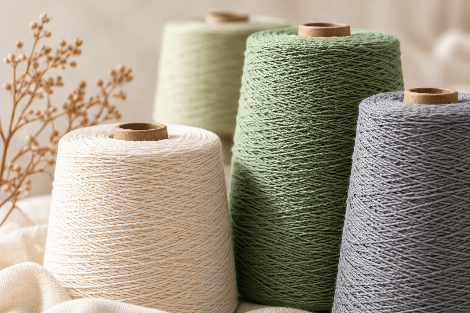 Illustrative still life of neutral and green yarn cones
